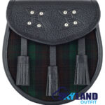 Brown Watch Tartan Sporran Black Leather Scottish Sporran
