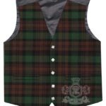 Brown Watch tartan waistcoat front view—5-button Argyle vest in earthy brown, green and black heritage pattern