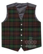 Brown Watch tartan waistcoat front view—5-button Argyle vest in earthy brown, green and black heritage pattern