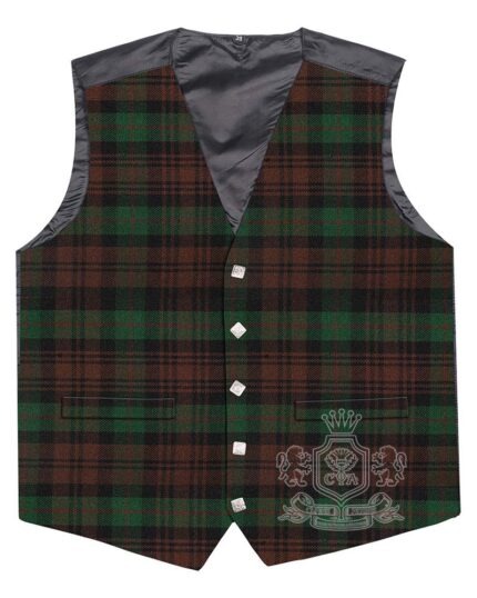 Brown Watch tartan waistcoat front view—5-button Argyle vest in earthy brown, green and black heritage pattern