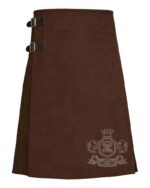Brown wool 8-yard kilt front view—hand-pleated traditional construction in rich earth tone brown pure wool