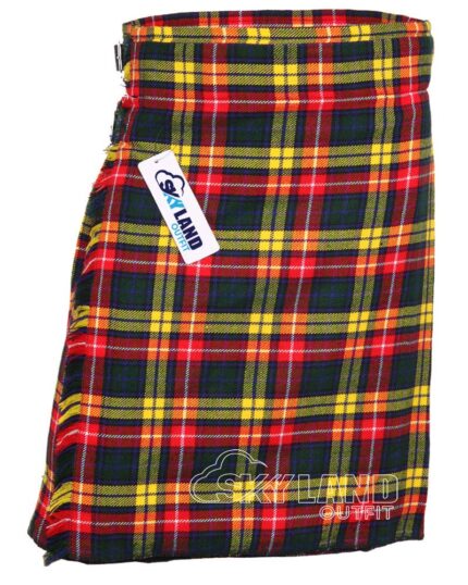 Buchanan Modern tartan 5-yard kilt front view—lightweight construction in brilliant yellow, red and green bold colors with asymmetrical pattern
