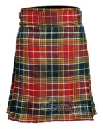 Buchanan Ancient tartan 5-yard kilt front view—lightweight construction in softer yellow, red and green natural dye tones with asymmetrical pattern