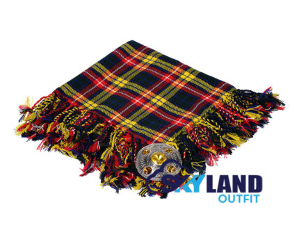 Buchanan tartan kilt fly plaid with free Celtic brooch, vibrant yellow and red clan pattern traditional Scottish Highland dress from Loch Lomond region