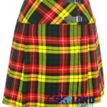 Buchanan Tartan Mini Billie Kilt Girls Modern Kilt Skirt with vibrant yellow and red plaid pattern and pleated design for young Highland fashion