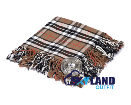 Campbell Thompson tartan kilt fly plaid with free Celtic brooch, unique dual clan fusion pattern representing Campbell and Thompson Scottish heritage