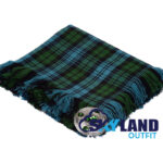 Campbell Ancient tartan kilt fly plaid with free Celtic brooch, muted blue and green natural dye pattern traditional Argyll clan heritage dress