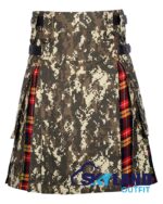 digital camo hybrid utility kilt front view, Buchanan tartan kilt back pleats, camo and tartan hybrid kilt, adjustable strap digital camo kilt, cotton hybrid utility kilt for men,