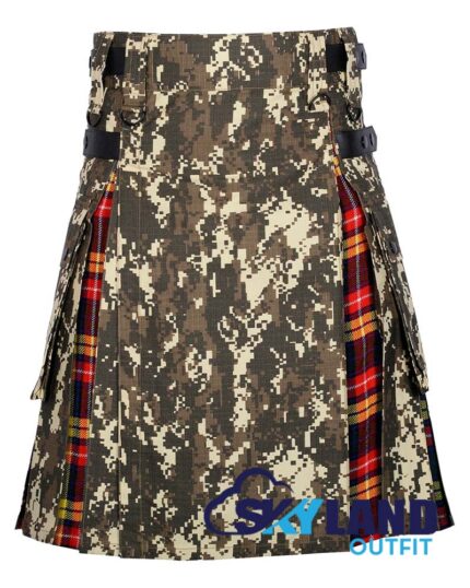 digital camo hybrid utility kilt front view, Buchanan tartan kilt back pleats, camo and tartan hybrid kilt, adjustable strap digital camo kilt, cotton hybrid utility kilt for men,