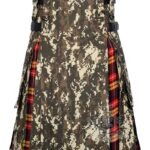 digital camo hybrid utility kilt front view, Buchanan tartan kilt back pleats, camo and tartan hybrid kilt, adjustable strap digital camo kilt, cotton hybrid utility kilt for men,