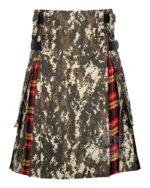 digital camo hybrid utility kilt front view, Buchanan tartan kilt back pleats, camo and tartan hybrid kilt, adjustable strap digital camo kilt, cotton hybrid utility kilt for men,
