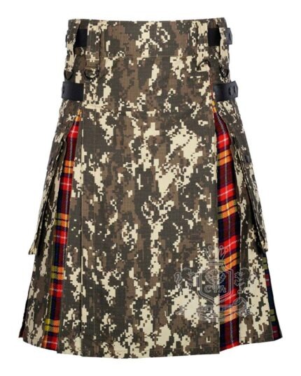 digital camo hybrid utility kilt front view, Buchanan tartan kilt back pleats, camo and tartan hybrid kilt, adjustable strap digital camo kilt, cotton hybrid utility kilt for men,