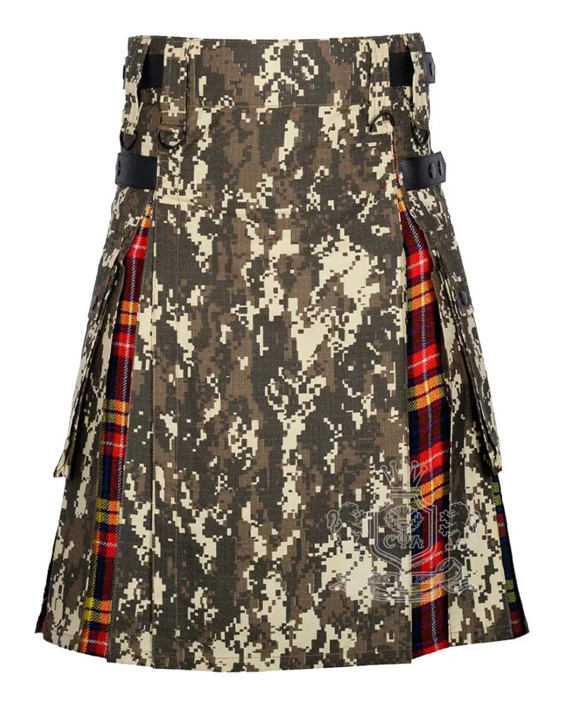 digital camo hybrid utility kilt front view, Buchanan tartan kilt back pleats, camo and tartan hybrid kilt, adjustable strap digital camo kilt, cotton hybrid utility kilt for men,