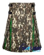 digital camo hybrid utility kilt front view, Irish tartan kilt back pleats, digital camo and Irish tartan hybrid kilt, adjustable strap digital camo kilt, cotton hybrid utility kilt for men,