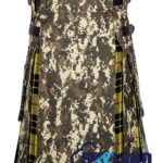 digital camo hybrid utility kilt front view, MacLeod of Lewis tartan kilt back pleats, digital camo and tartan hybrid kilt, adjustable strap digital camo kilt, cotton hybrid utility kilt for men,