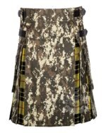 digital camo hybrid utility kilt front view, MacLeod of Lewis tartan kilt back pleats, digital camo and tartan hybrid kilt, adjustable strap digital camo kilt, cotton hybrid utility kilt for men,