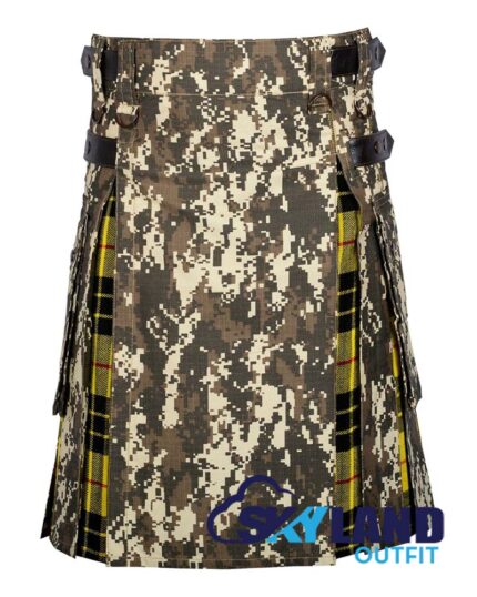 digital camo hybrid utility kilt front view, MacLeod of Lewis tartan kilt back pleats, digital camo and tartan hybrid kilt, adjustable strap digital camo kilt, cotton hybrid utility kilt for men,