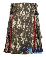 digital camo hybrid utility kilt front view, Royal Stewart tartan kilt back pleats, digital camo and tartan hybrid kilt, adjustable strap digital camo kilt, cotton hybrid utility kilt for men,