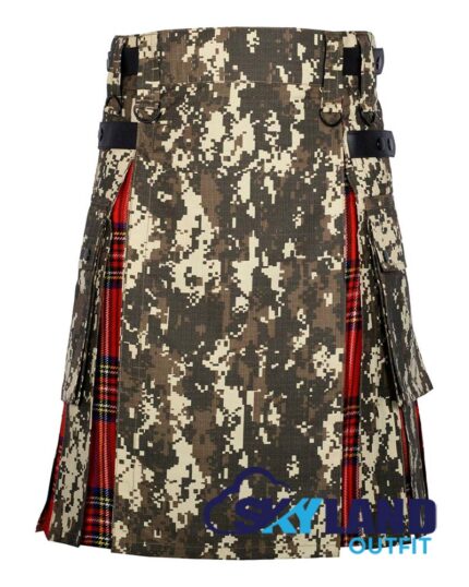 digital camo hybrid utility kilt front view, Royal Stewart tartan kilt back pleats, digital camo and tartan hybrid kilt, adjustable strap digital camo kilt, cotton hybrid utility kilt for men,