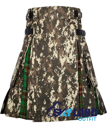 digital camo hybrid utility kilt front view, Tara Murphy tartan kilt back pleats, digital camo and tartan hybrid kilt, adjustable strap digital camo kilt, cotton hybrid utility kilt for men,