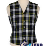 Dress Gordon tartan waistcoat front view—5-button Argyle vest in navy blue, purple, green, black, white and yellow Clan Gordon "Bydand" heritage pattern