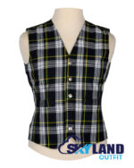 Dress Gordon tartan waistcoat front view—5-button Argyle vest in navy blue, purple, green, black, white and yellow Clan Gordon "Bydand" heritage pattern