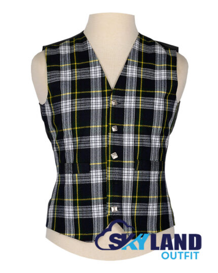 Dress Gordon tartan waistcoat front view—5-button Argyle vest in navy blue, purple, green, black, white and yellow Clan Gordon "Bydand" heritage pattern