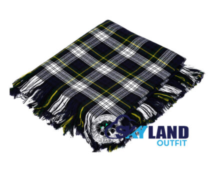 Dress Gordon tartan kilt fly plaid with free Celtic brooch, vibrant yellow and black military dress pattern traditional Gordon Highlanders regimental wear