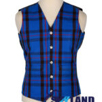 Elliot tartan waistcoat—5-button Argyle vest in red, green, blue Clan Elliot "Fortiter et Recte" heritage pattern
