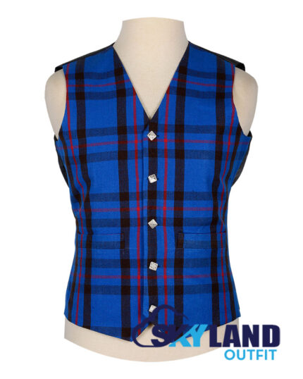 Elliot tartan waistcoat—5-button Argyle vest in red, green, blue Clan Elliot "Fortiter et Recte" heritage pattern