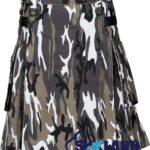 grey camouflage utility kilt front view, grey camo kilt side cargo pockets, adjustable leather strap utility kilt, cotton grey camo utility kilt for men, rugged grey camo kilt,