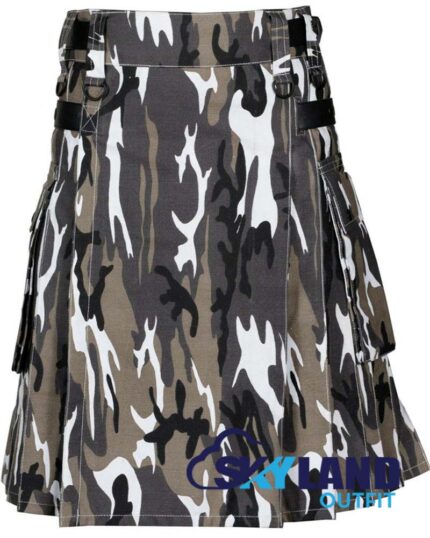 grey camouflage utility kilt front view, grey camo kilt side cargo pockets, adjustable leather strap utility kilt, cotton grey camo utility kilt for men, rugged grey camo kilt,