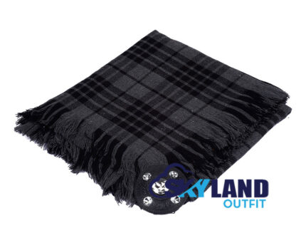 Grey Watch tartan kilt fly plaid with free Celtic brooch, historic military grey and black check pattern traditional Scottish regimental dress