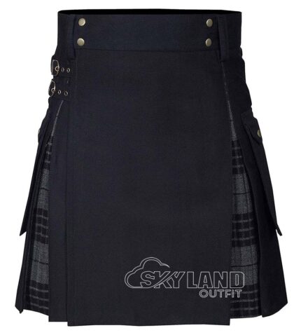Grey Watch tartan hybrid utility kilt with black cotton body