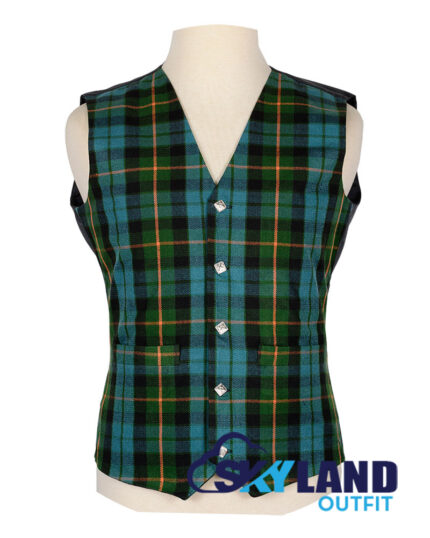 Gunn Ancient tartan waistcoat—5-button Argyle vest in muted green, blue, grey Norse-Gaelic heritage pattern