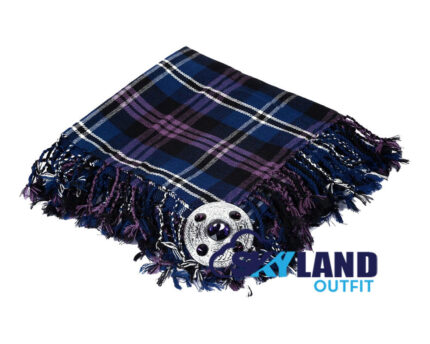 Heritage of Scotland tartan kilt fly plaid with free Celtic brooch, distinctive purple and green national tartan pattern traditional Scottish dress