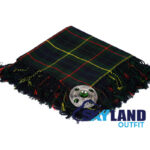 Hunting Stewart tartan kilt fly plaid with free Celtic brooch, muted green and brown earth tone pattern traditional Scottish Highland dress