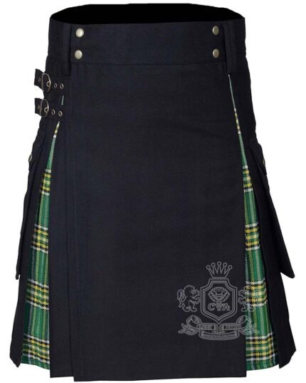 Irish Heritage tartan hybrid utility kilt with black cotton body