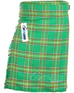 Irish National tartan 5-yard kilt front view—lightweight construction in green, white and orange Irish flag colors