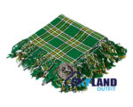 Irish Heritage tartan kilt fly plaid with free Celtic brooch, emerald green and gold plaid pattern traditional Celtic dress for formal occasions