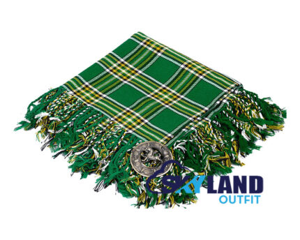 Irish Heritage tartan kilt fly plaid with free Celtic brooch, emerald green and gold plaid pattern traditional Celtic dress for formal occasions