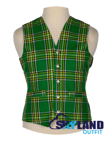 Irish Heritage tartan waistcoat—5-button Argyle vest in green, white, orange Celtic national pattern