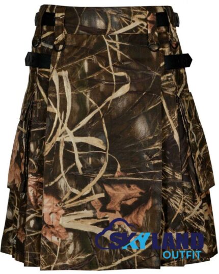 grey camouflage utility kilt front view, grey camo kilt side cargo pockets, adjustable leather strap utility kilt, cotton grey camo utility kilt for men, rugged grey camo kilt,