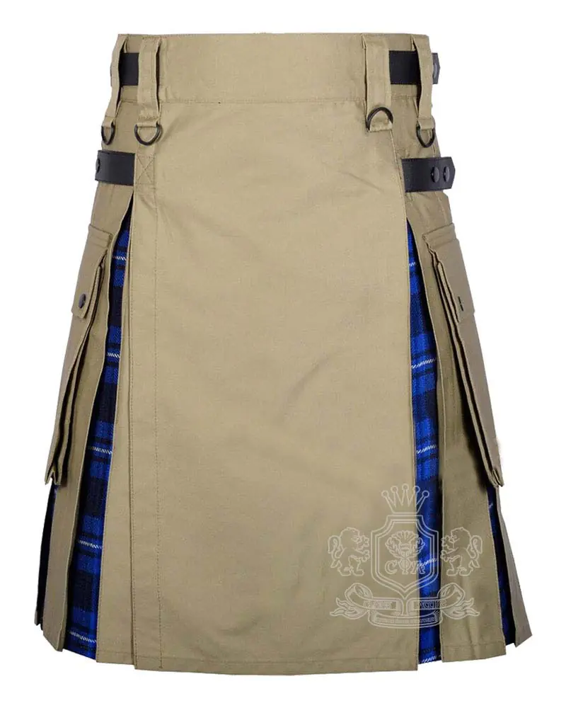 Ramsey Blue tartan hybrid utility kilt with khaki cotton body