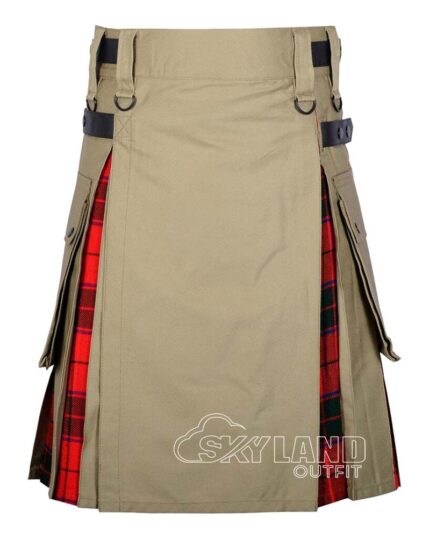 Scottish Rose tartan hybrid utility kilt with khaki cotton body