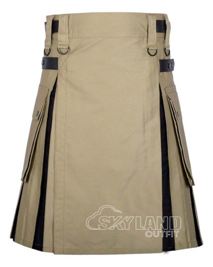 Khaki black hybrid utility kilt with cotton body & pleats