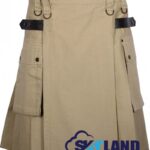 Khaki Cotton Utility Kilt with Adjustable Leather Straps