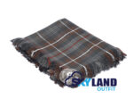 Mackenzie Weathered tartan kilt fly plaid with free Celtic knot brooch, muted earth-tone Scottish Highland dress for formal occasions