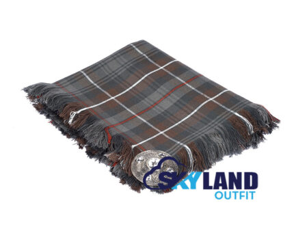 Mackenzie Weathered tartan kilt fly plaid with free Celtic knot brooch, muted earth-tone Scottish Highland dress for formal occasions