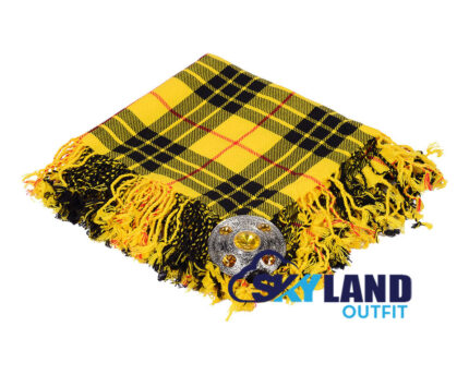 Macleod of Lewis tartan kilt fly plaid draped over shoulder with free Celtic thistle brooch pin, traditional Scottish Highland dress